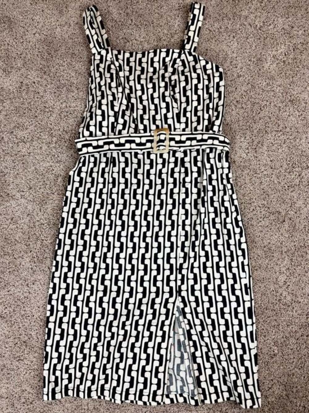 Monteau Black and White Geometric Midi Dress with Belt